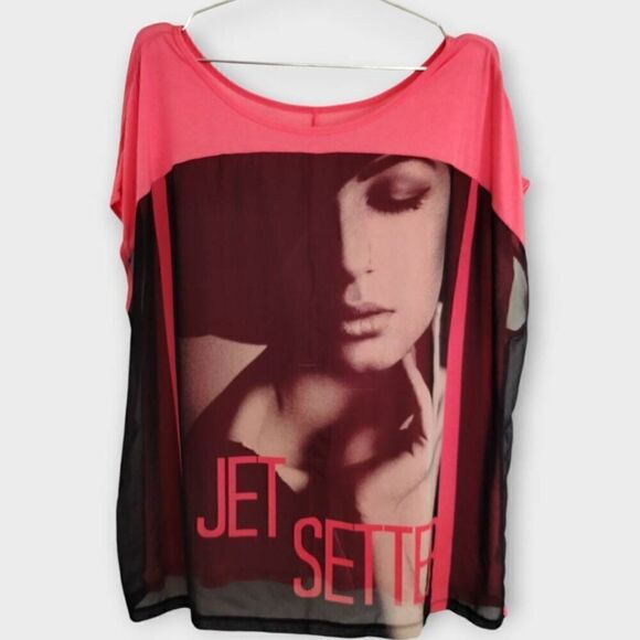 Lane Bryant Womens Tshirt‎ Sz 18 Jet Setter Graphic Coral Sleeveless Scoop Y2K - Picture 1 of 12